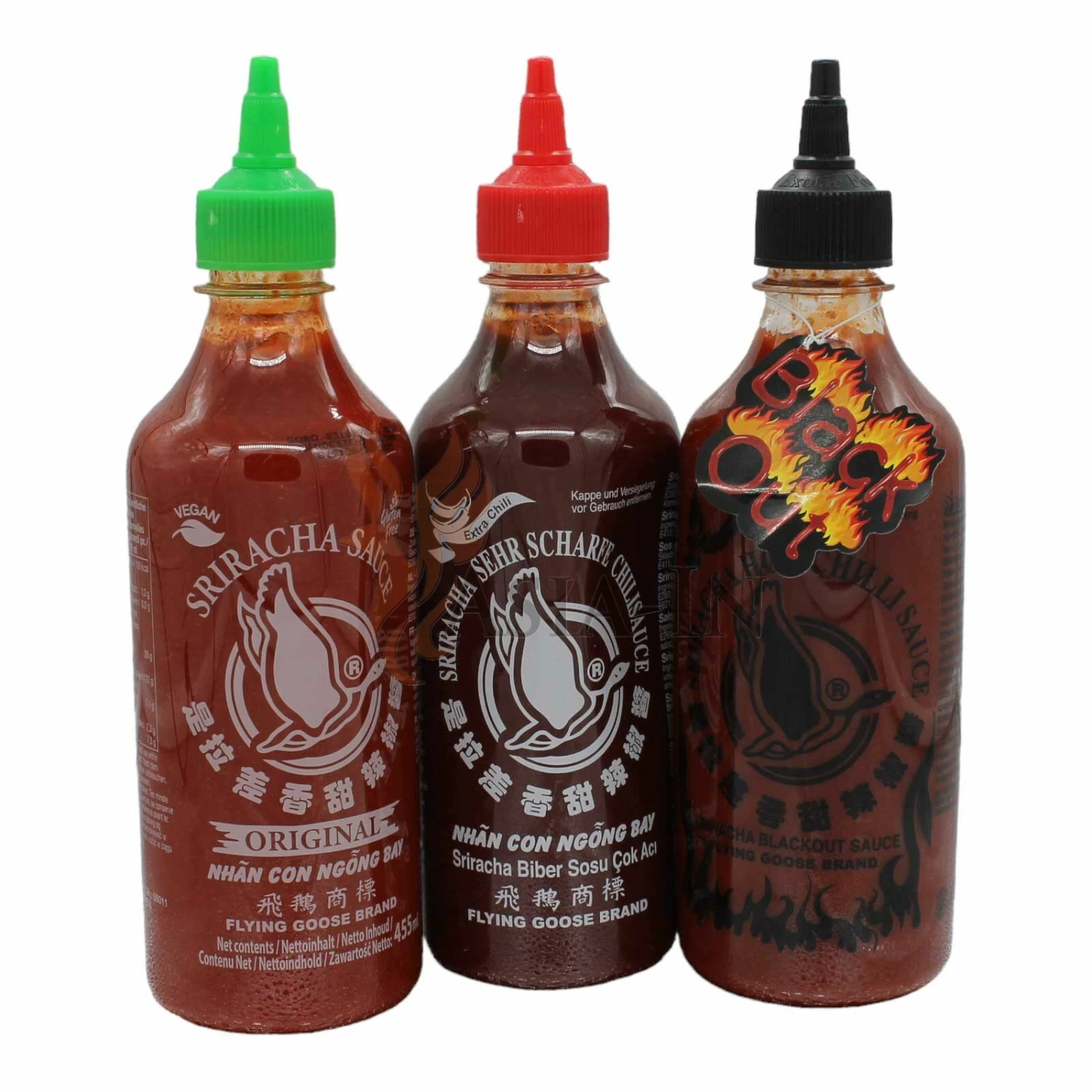 3er Set Flying Goose Sriracha Chilisauce Versch. Sorten 455ml, 1,365l 3 3er Set Flying Goose Sriracha Chilisauce Versch. Sorten 455ml, 1,365l